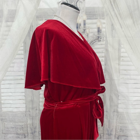 NEW Alex Marie Beth Velvet Jumpsuit Crimson Red Cape Sleeve V Neck Belted Formal - Picture 8 of 13